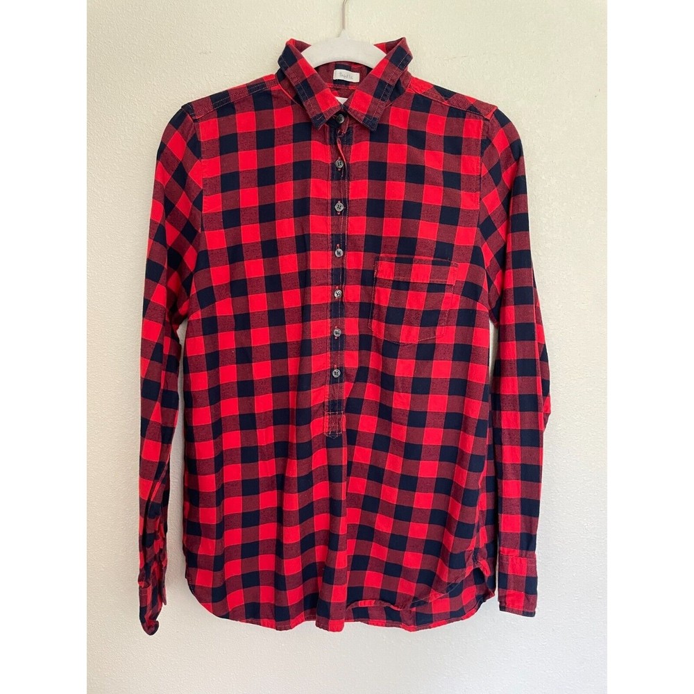 J. Crew XS Perfect Fit Button Up Shirt Red Plaid Navy Flannel Long Sleeve
